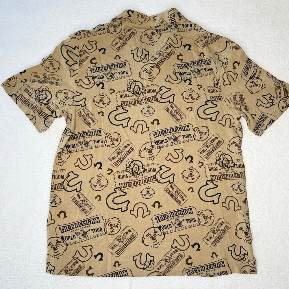 True Religion Ticket Print Camp Shirt Mens Small Beige AOP Resort Y2K NWT Street